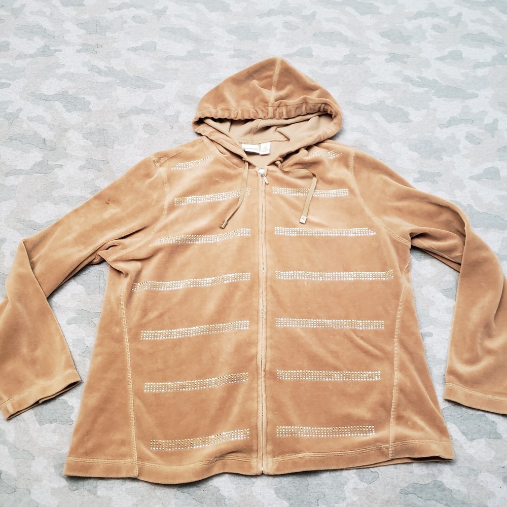 Zenergy By Chico's Sweatshirt Womens 2 Tan Velour‎ Full Zip Hooded